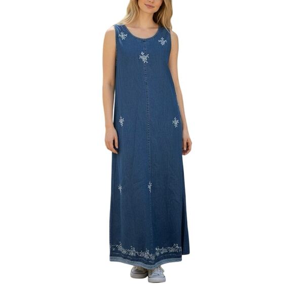 Vintage Dresses & Skirts - Vintage Embroidered Denim Dress Floral Sleeveless Button Side Blue Womens Small